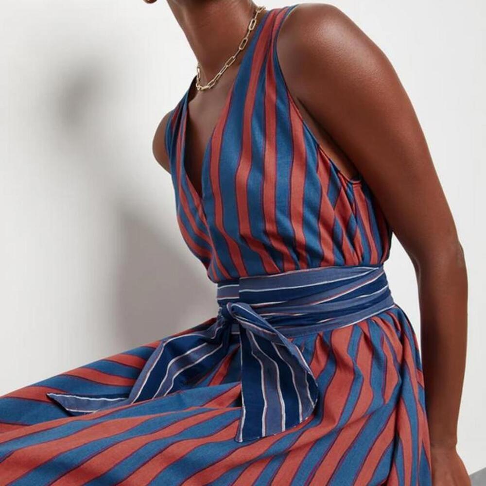 Natalie Martin Striped Cotton Midi Dress with Tie Belt - Picture 7 of 9